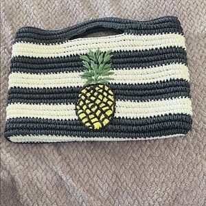 Talbots Blue and White Straw Clutch Tote with Pineapple Accent NWOT